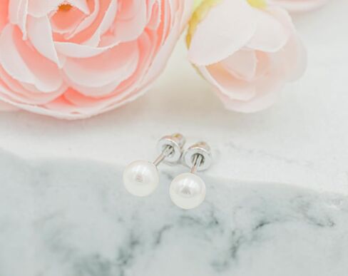 Girls 14K Gold Plated or Sterling Silver 4-5mm Cultured Pearl Earrings with Safety Screw Backs for Babies, Toddlers, Teens, or Women in Saudi Arabia