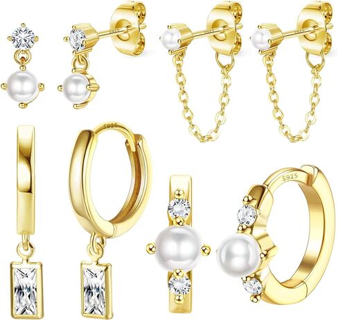 4 Pairs Sterling Silver Post Pearl Hoop Earrings for Women Trendy 14K Gold Plated Huggie Hoop Earrings Cartilage Stud Earrings Sets for Multiple Piercing Small Gold Pearl Hoop Earrings in Saudi Arabia