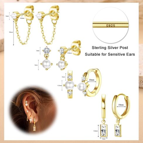 4 Pairs Sterling Silver Post Pearl Hoop Earrings for Women Trendy 14K Gold Plated Huggie Hoop Earrings Cartilage Stud Earrings Sets for Multiple Piercing Small Gold Pearl Hoop Earrings in Saudi Arabia