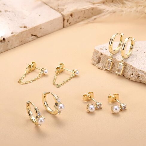 4 Pairs Sterling Silver Post Pearl Hoop Earrings for Women Trendy 14K Gold Plated Huggie Hoop Earrings Cartilage Stud Earrings Sets for Multiple Piercing Small Gold Pearl Hoop Earrings in Saudi Arabia
