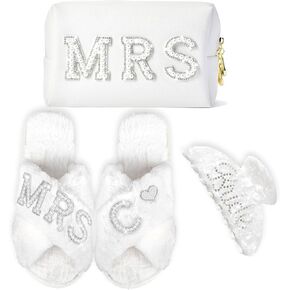 Personalized Initial Letter G Wedding Bride Slippers, Bride to Be Gifts, Bridal Shower Gifts, Bride Hair Clip MRS Makeup Bag
