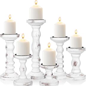 Chunful 6 Pack Large Wood Candle Holders for Pillar White Farmhouse Wooden Candle Holders Vintage Tall Candlestick Stand Rustic Style Home Decor for Table Centerpieces Coffee Table Fireplace Mantel