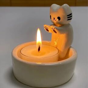 Cartoon Kitten Candle Holder, Handmade Ceramic Candlestick,Cartoon Kitty Warming Its Paws Cute Light Holder, Gift for Cat Lover Choice Home Party Decoration