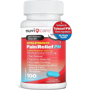 تخفيف آلام القوة الإضافية PM - الأسيتامينوفين 500 ملغ و Diphenhydramine 25mg - مقارنة مع تايلينول PM قوة إضافية للمساعدات للنوم - البالغين PM لألم للألم وآلام ليلية (100 قرص)