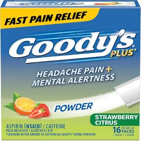 Goody's Headache Relief Plus Mental Alertness Powder, Strawberry Citrus Flavor Aspirin and Caffeine Powder, Pain Relief Dissolve Packs, 16 Count