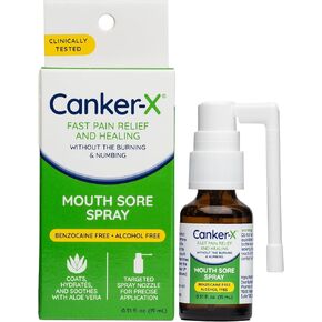 Canker-X Mouth Sore Spray, Oral Pain Relief from Canker Sores, Burns & More, No Burning & Numbing, Benzocaine-Free & Alcohol-Free Mouth Ulcer Treatment, Targeted Spray Nozzle, 0.51 Fl. Oz.