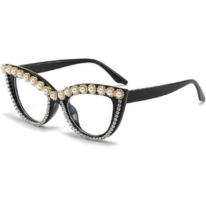 LJCZKA Rhinestone Cat Eye Glasses Women Vintage Anti Eyestrain Blue Light Blocking Computer Glasses Diamond Eyewear