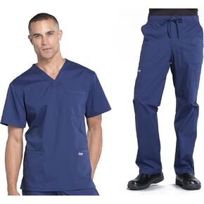 Men Scrubs Set Workwear Professionals WW695 V-Neck Top & WW190S Tapered Leg Fly Pront Pront Pant ، Navy- M Top/M Pant Pant