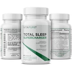 Total Sleep Supercharger - Ultra Strength Sleep Aid for Adults - 18 Powerful Ingredients (Magneisum, Melatonin, 5-HTP, Taurine, GABA + 13 More) - 3rd Party Tested & Backed Formula - 60 Capsules