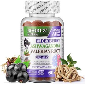 Ashwagandha Elderberry Valerian Root Gummies - Triple-Action Vegan Supplement for Healthy Cortisol Levels,Sleep Support - Non-GMO, Plant-Based, Gluten-Free, Gelatin-Free Vitamins