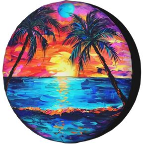 Foruidea Beautiful Beach Sunset with Palm Trees Spare Tire Cover Dust-Proof Wheel Tire Cover Fit Trailer, RV, SUV and Many Vehicle 17 Inch