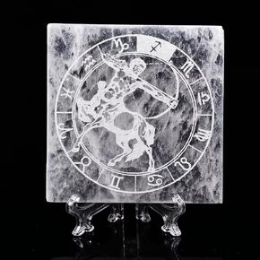 AMOYSTONE Selenite Crystal Charging Plate for Healing Crystal Stone Selenite Pieces Square Slab Etched Sagittarius 4" with Stand