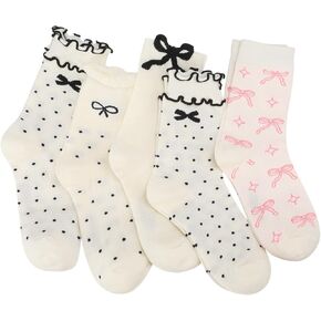 Jspupifip 5 Pairs Women Ruffle Bow Socks Cute Casual Crew Socks Soft Knitted Breathable Cotton Ankle Socks Fashion Frilly Bow Socks