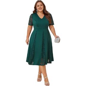 ZNU Womens Plus Size Wedding Guest Dresses Lace Short Sleeve V-Neck Cocktail Party Dress Evening Formal Dress Midi Dress