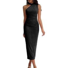 DRESSTELLS Women's Summer Wedding Guest One Shoulder Mesh Ruched Bodycon Cocktail Party Split Maxi Dresses