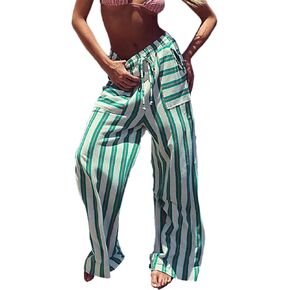 Women Drawstring Waist Stripe Wide Leg Pants Palazzo Pants for Women Casual Trousers Lounge Pants with Pockets