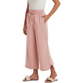 Les Umes Womens Linen Wide Leg bants محصوقة عالي الخصر مع سراويل الكاحل الصيفية غير الرسمية