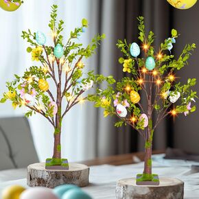 Dazzle Bright 2 Pack Easter Lighted Tree Decoration, 26 Inch 24 LED Battery Operated Pre-lit Egg Tree with Timer, Easter Artificial Tree for Indoor Spring Party Home Tabletop Easter Decor
