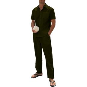 Men's Linen sets 2 Piece Outfits Beach Wedding Clothes Casual Button Down Shirts Yoga Pants Summer Matching Suit