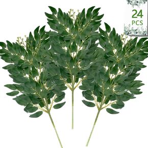 24Pcs Artificial Italian Ruscus Greenery Stems,Silk Greenery Plants Spray Faux Green Leaf Garland Branches Hanging Green Spray Decoration for DIY Wedding Arch, Bouquet,Home Decor