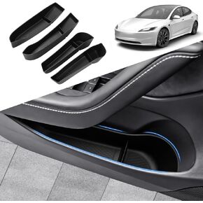 Karltys Door Side Storage Box for Refresh Tesla Model 3 Highland Accessories 2024 2025, TPE Car Door Side Organizer Tray, Front Rear Slot Pockets Protector with Non-Slip Liner (4PCS)