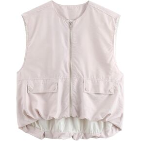 Wowcarbazole Womens Zip Up Vest Cargo Casual Sleeveless Crew Neck Blazer Jackets Tops Outerwear Ruched Hem Gilet