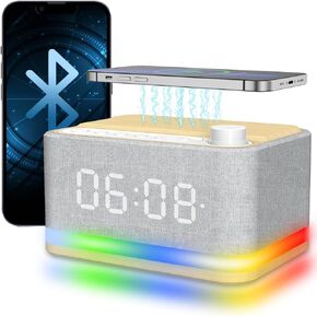 2025 Smart Alarm Clock with Wireless Charging Bluetooth Speaker White Noise Machine for Sleeping Tuya App Control Digital Alarm Clocks for Bedrooms Gentle Multiple Alarms 7 Different Lights