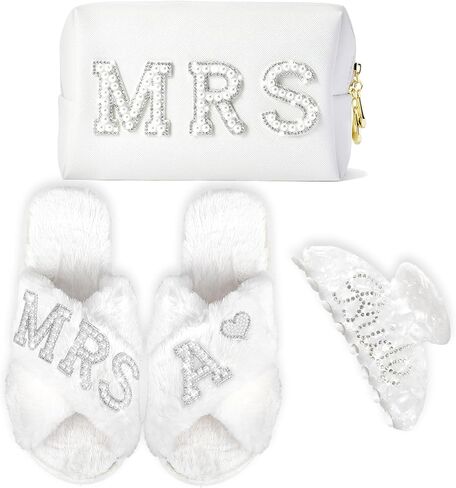 Personalized Initial Letter G Wedding Bride Slippers, Bride to Be Gifts, Bridal Shower Gifts, Bride Hair Clip MRS Makeup Bag in Kuwait