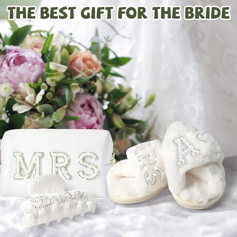 Personalized Initial Letter G Wedding Bride Slippers, Bride to Be Gifts, Bridal Shower Gifts, Bride Hair Clip MRS Makeup Bag in Kuwait