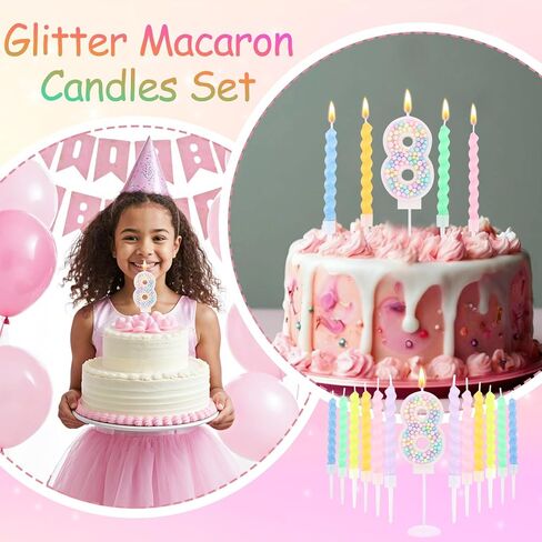 Number 7 Candle and 12 Pcs Spiral Candles for Girls 7th Birthday Decorations, Macaron Sparkling Cake Toppers for Happy 7th Birthday Decor Party Supplies in Saudi Arabia