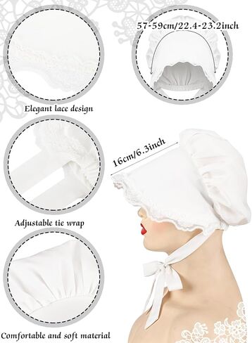 Hicarer 4 Pcs White Mob Cap Women Colonial Bonnet Hat Grandma Mop Hat Mob Bonnets Lace with Adjustable Straps for Maid in Saudi Arabia