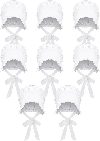 Hicarer 4 Pcs White Mob Cap Women Colonial Bonnet Hat Grandma Mop Hat Mob Bonnets Lace with Adjustable Straps for Maid in Saudi Arabia