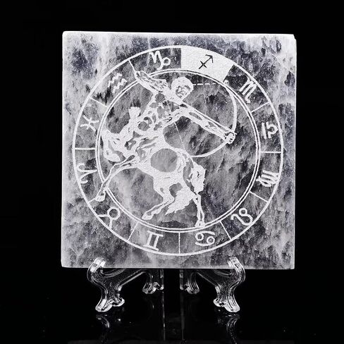AMOYSTONE Selenite Crystal Charging Plate for Healing Crystal Stone Selenite Pieces Square Slab Etched Sagittarius 4" with Stand in Saudi Arabia