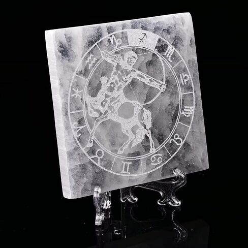 AMOYSTONE Selenite Crystal Charging Plate for Healing Crystal Stone Selenite Pieces Square Slab Etched Sagittarius 4" with Stand in Saudi Arabia