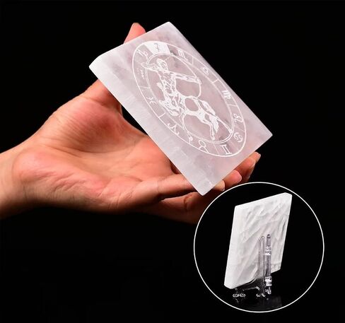 AMOYSTONE Selenite Crystal Charging Plate for Healing Crystal Stone Selenite Pieces Square Slab Etched Sagittarius 4" with Stand in Saudi Arabia