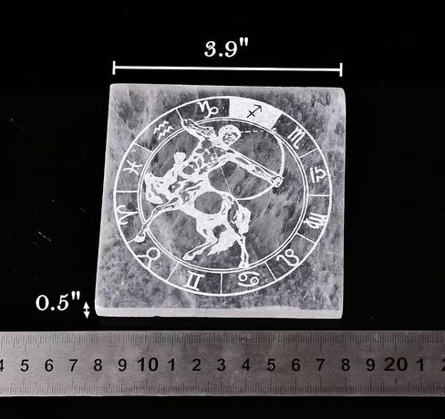 AMOYSTONE Selenite Crystal Charging Plate for Healing Crystal Stone Selenite Pieces Square Slab Etched Sagittarius 4" with Stand in Saudi Arabia