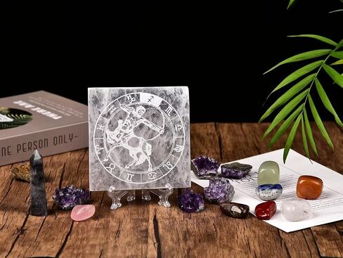 AMOYSTONE Selenite Crystal Charging Plate for Healing Crystal Stone Selenite Pieces Square Slab Etched Sagittarius 4" with Stand in Saudi Arabia
