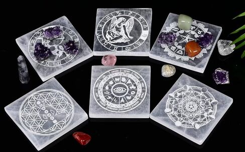 AMOYSTONE Selenite Crystal Charging Plate for Healing Crystal Stone Selenite Pieces Square Slab Etched Sagittarius 4" with Stand in Saudi Arabia