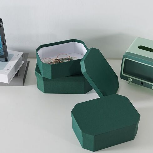 Soul & Lane Octagon Textured Decorative Boxes for Organizing, Set of 3 Nesting Cardboard Storage Containers for Gifts, Durable Memory Boxes for Keepsakes, Forest Green in Saudi Arabia
