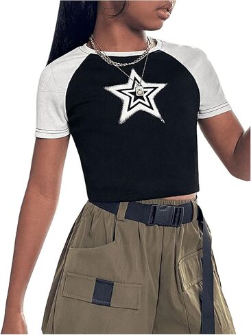 Girl's Star Print Graphic Tee Shirt Crew Neck Raglan Short Sleeve Crop Tops in Saudi Arabia