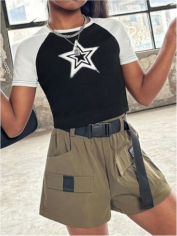Girl's Star Print Graphic Tee Shirt Crew Neck Raglan Short Sleeve Crop Tops in Saudi Arabia