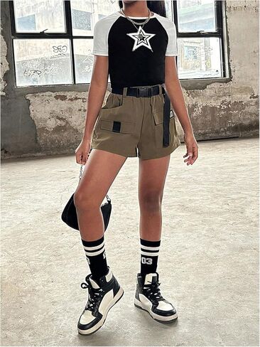 Girl's Star Print Graphic Tee Shirt Crew Neck Raglan Short Sleeve Crop Tops in Saudi Arabia