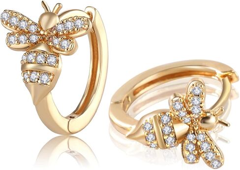 18K Gold Bee Earrings for Women, Hypoallergenic Stud with Cubic Zirconia, Hoop Earrings for Women, Gold/Silver Colors in Saudi Arabia