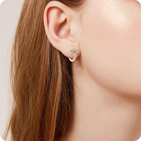 18K Gold Bee Earrings for Women, Hypoallergenic Stud with Cubic Zirconia, Hoop Earrings for Women, Gold/Silver Colors in Saudi Arabia
