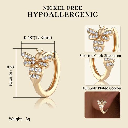 18K Gold Bee Earrings for Women, Hypoallergenic Stud with Cubic Zirconia, Hoop Earrings for Women, Gold/Silver Colors in Saudi Arabia