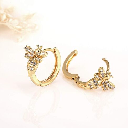 18K Gold Bee Earrings for Women, Hypoallergenic Stud with Cubic Zirconia, Hoop Earrings for Women, Gold/Silver Colors in Saudi Arabia