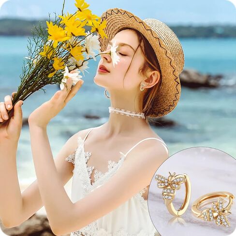 18K Gold Bee Earrings for Women, Hypoallergenic Stud with Cubic Zirconia, Hoop Earrings for Women, Gold/Silver Colors in Saudi Arabia