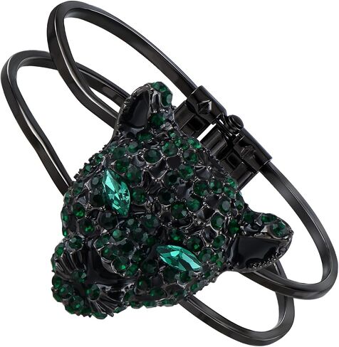 Alilang Golden Tone Clear Crystal Rhinestone Black Enamel Cheetah Leopard Jaguar Head Bangle Bracelet in Kuwait
