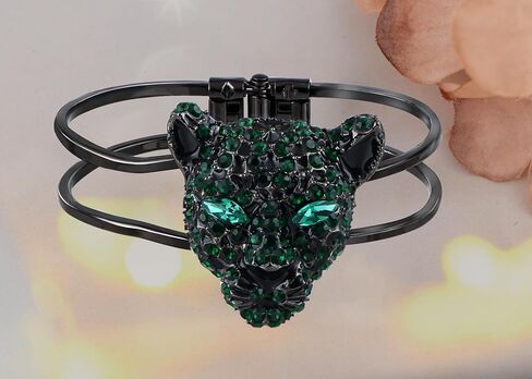 Alilang Golden Tone Clear Crystal Rhinestone Black Enamel Cheetah Leopard Jaguar Head Bangle Bracelet in Kuwait