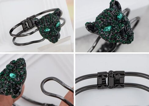Alilang Golden Tone Clear Crystal Rhinestone Black Enamel Cheetah Leopard Jaguar Head Bangle Bracelet in Kuwait
